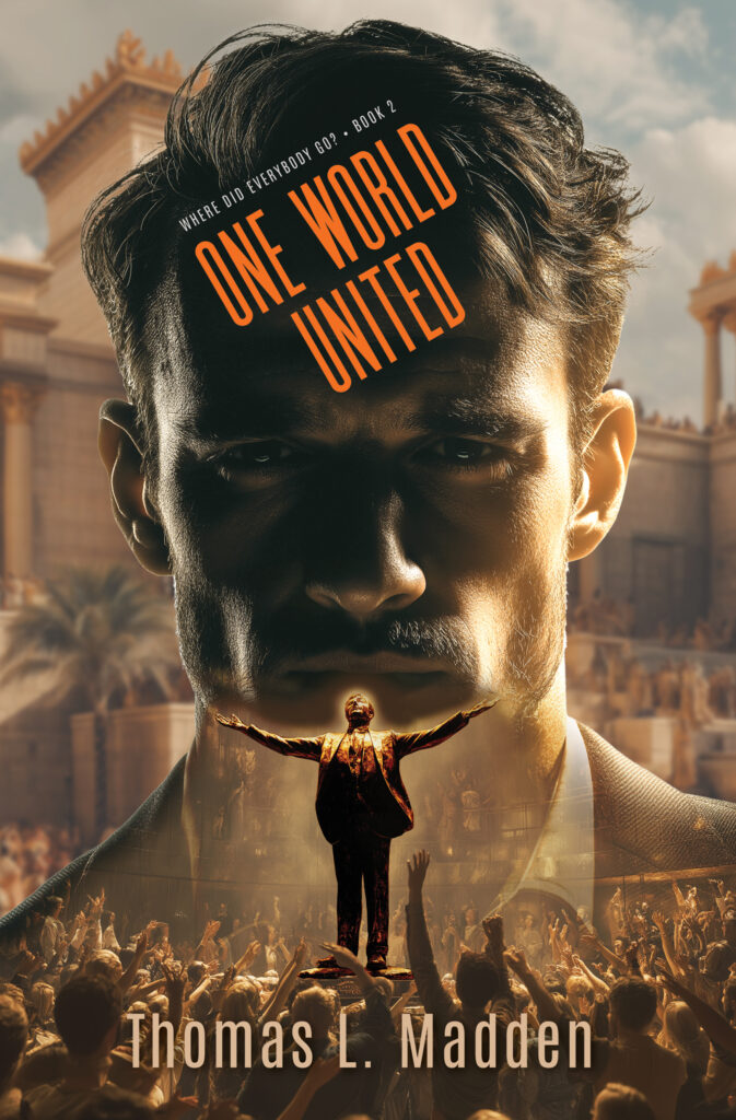 Book cover for One World United. A super imposed image of a man's face another man holding his arms outstretched in a room of people.
