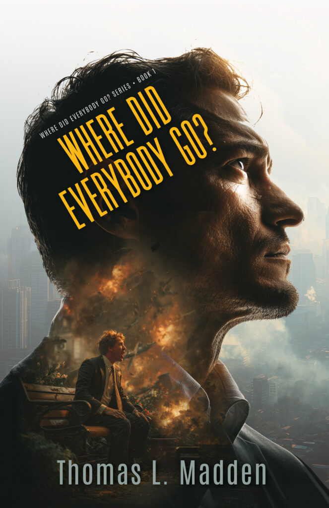 Book cover for Where Did Everybody Go? A superimposed image of man's face with an another image of a man sitting down while destruction rains around him.